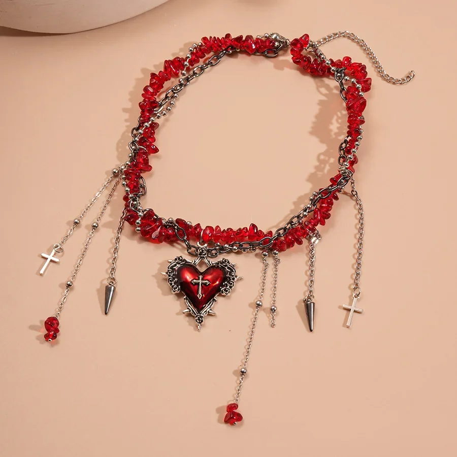 Gothic Red Love Heart Pendant Necklace for Women Gravel Stone Cross Double Layer Choker Necklaces Halloween Party Accessories K