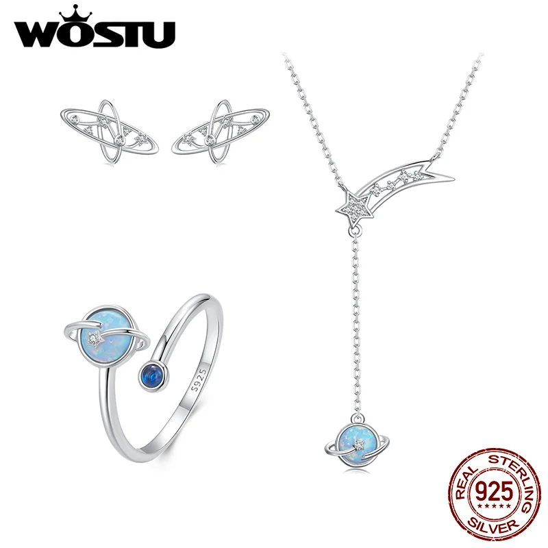 

WOSTU Girl Birthday Gift 925 Sterling Silver Blue Opal Planet Pendant Necklce Opening Ring the Milky Way Stud Earrings Party