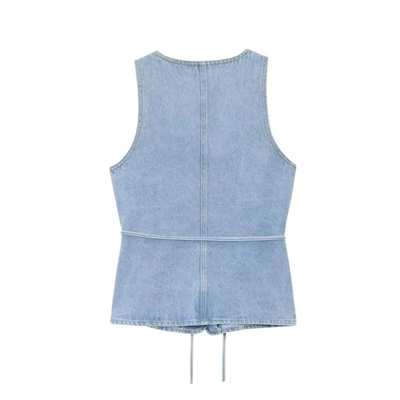 Retro Women's Two-Piece Suit Casual Wide-Leg Denim Trousers with V-Neck Vest And Waist Tie Commuter Wear for Women