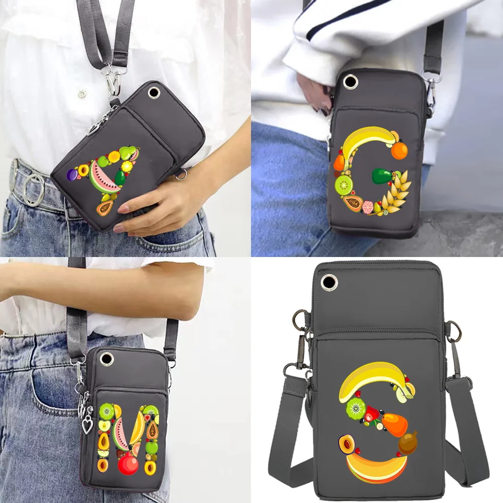 Casual Travel Phone Neck Purse Fruit Letter Print Compact Crossbody Pouch Zipper Coin Card Holder Bag Women's Handbags