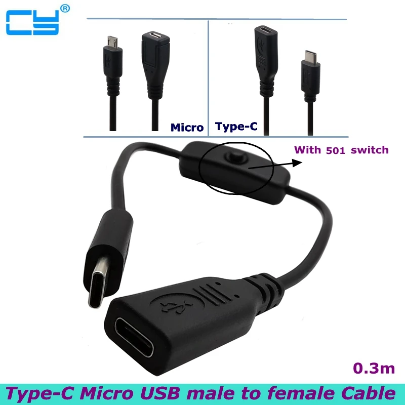 New 3A 22AWG Copper 30V Micro USB Type-c Power Male to Female Extension Cable with 501 Key Switch Controller for Mobile Computer