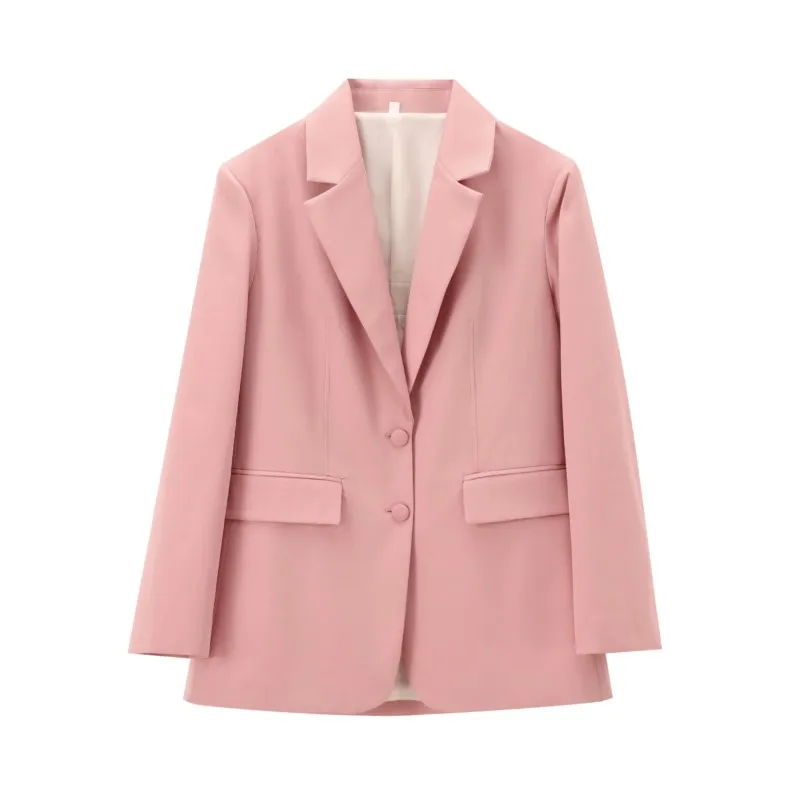 سترة أنيقة للسيدات موضة عتيقة وردية واحدة الصدر مع جيوب سترات بدلة ربيع 2025 معطف برقبة مدببة للمكتب للسيدات
