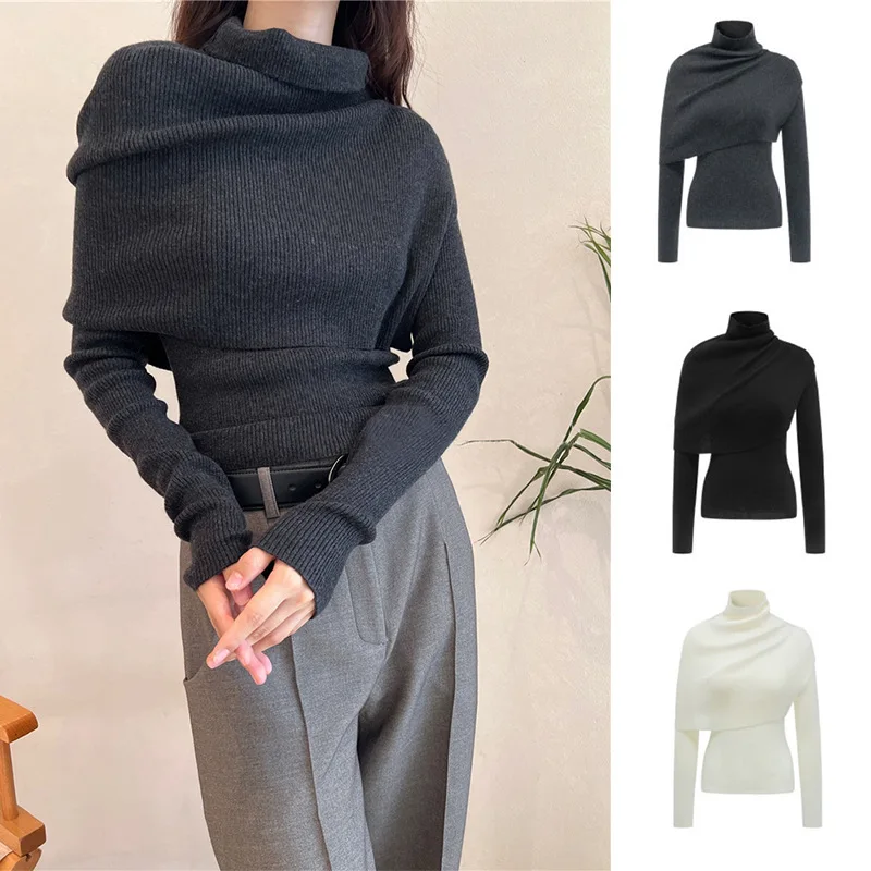 Sweter z dzianiny z mieszanki wełny i bawełny na szyję, sweter z dzianiny slim fit, 2-częściowy zestaw z elastyczną podszewką wewnętrzną