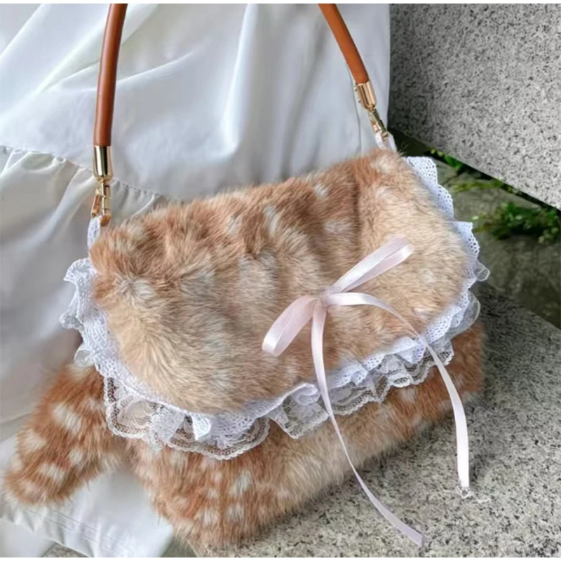 Japanische Hirsch gefleckte Band Plüsch Unterarm Umhängetasche, Mori Girl Elch flauschige Frauen Geldbörse, Winter süße Woodland Fairycore Handtasche – Detail 3