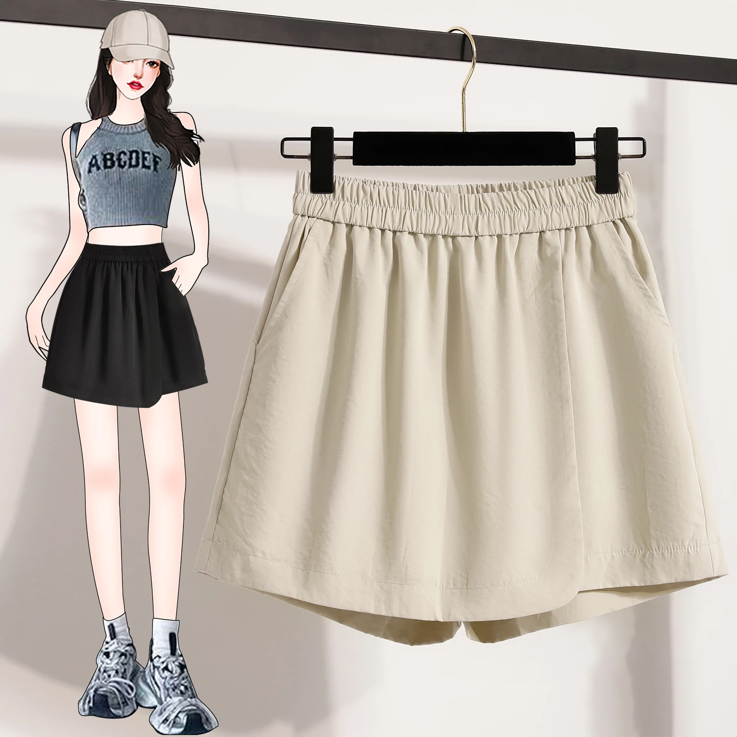 Plus Size Shorts Skorts For Women Summer 2025 New High Elastic Waist A Line Loose Shorts Women Korean Fashion Elegant Shorts