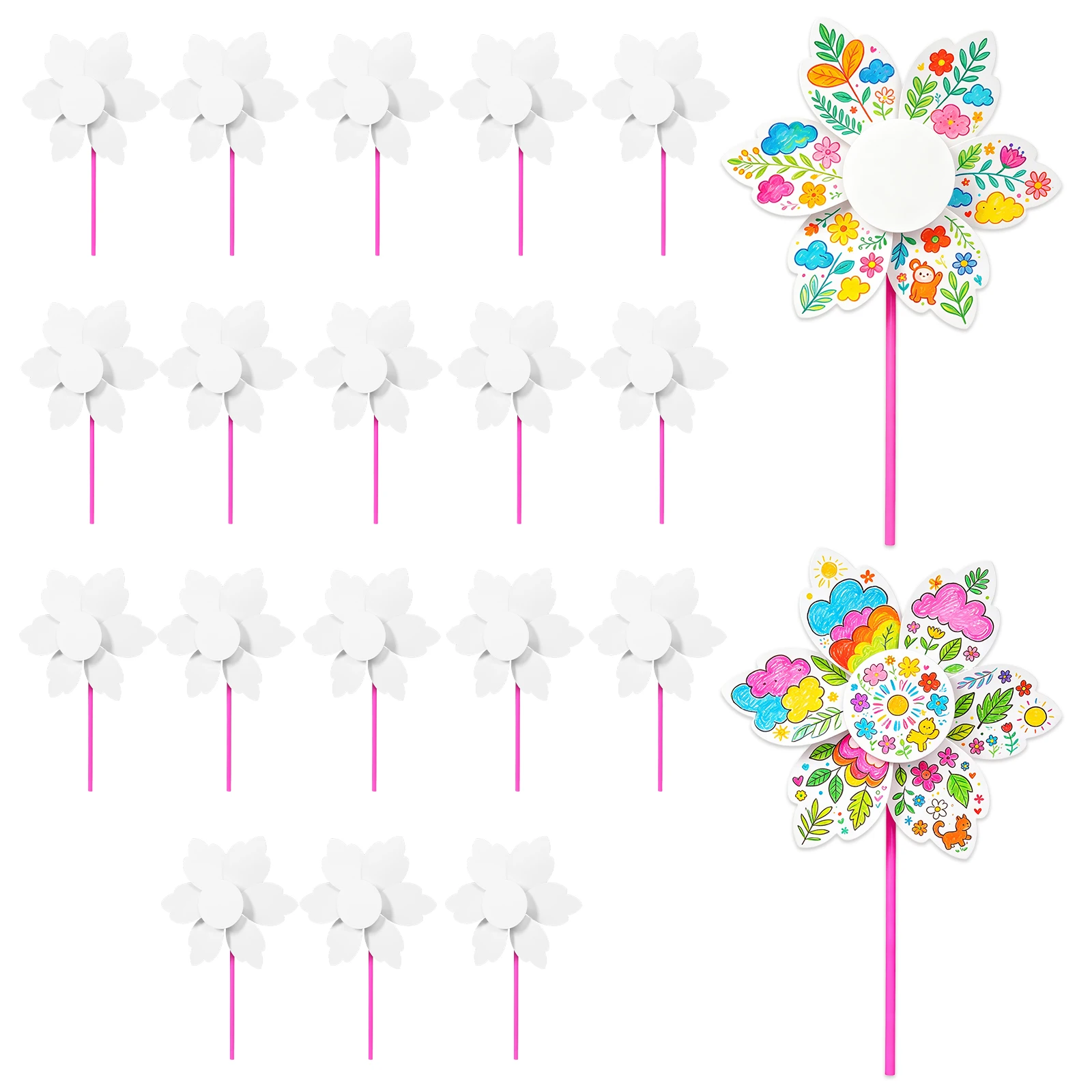 20/100Pcs DIY Pinwheels Craft White Blank Paper Pinwheel Craft Kit Color Your Own for Summer Activities School Daycare Graffiti