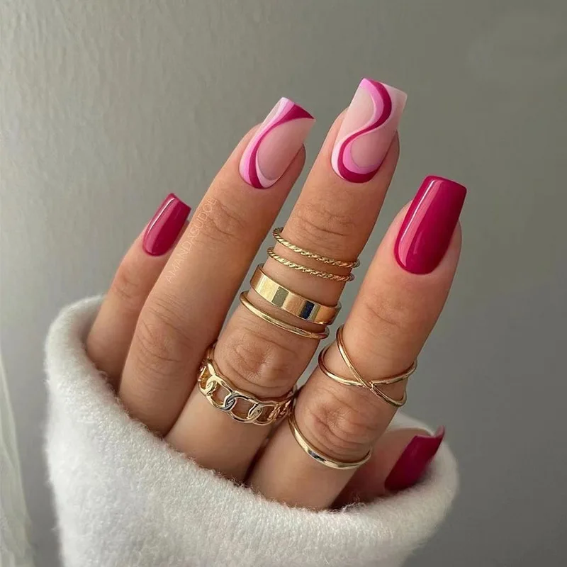 

Matte Finish Rose Red Wave Simplicity Coquette Aesthetic Gel False Nails Fashion Temperament Advanced Feeling Fake Nail Art