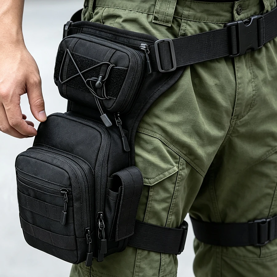 Outdoor waist and leg dual-use bag, large capacity leg storage bag with elastic rope to secure umbrella small items