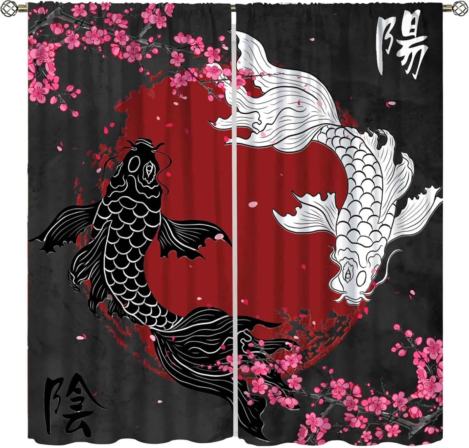 

Black and White Fish Curtain, Chinese Japanese Yin Yang Anime Cherry Blossom Floral Red Sun Asian Plum Blossom Window Treatments