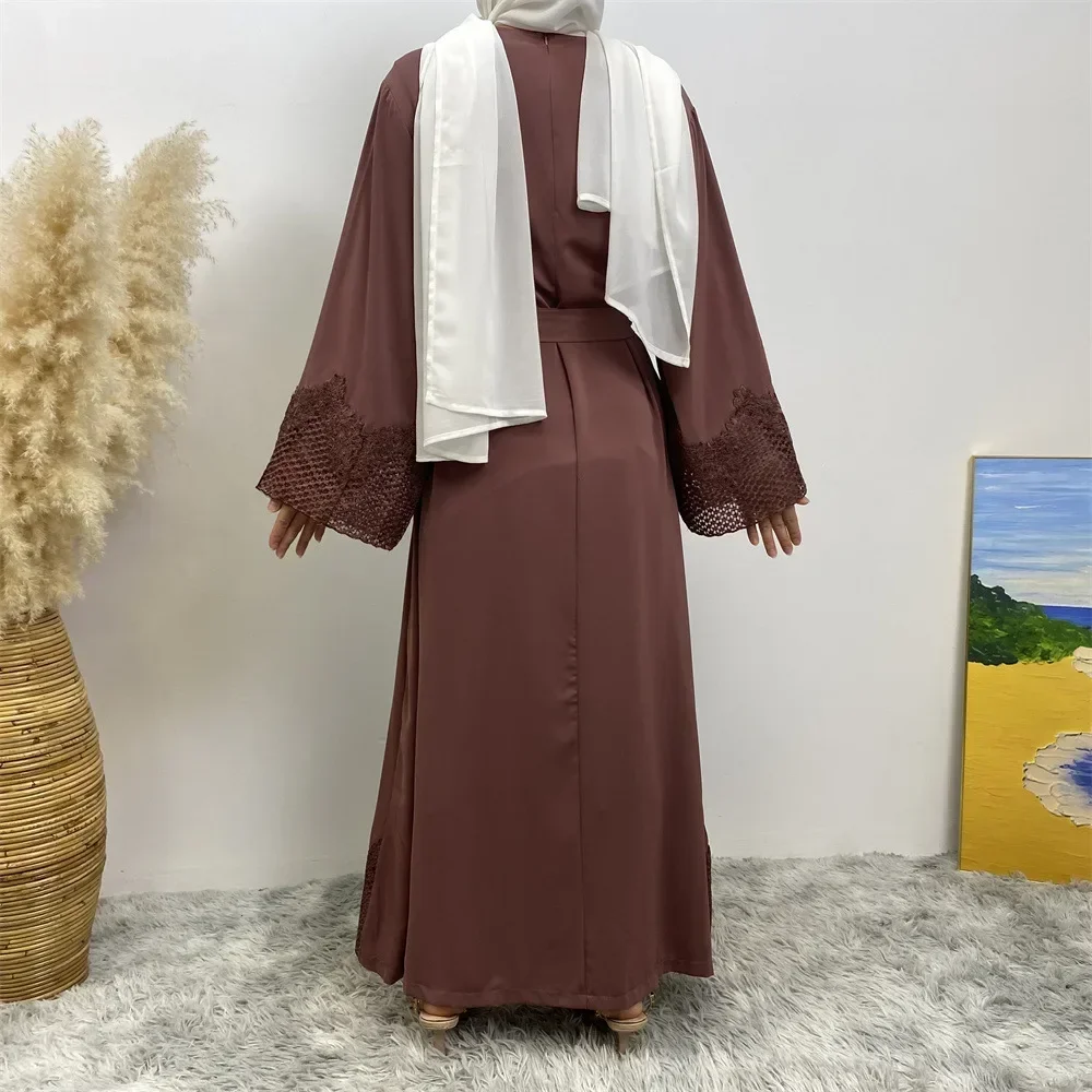 Abaya marocain de dubaï, couleur unie, broderie, manches longues, ample, robe arabe du Ramadan pour femmes musulmanes, robes à lacets, 2023