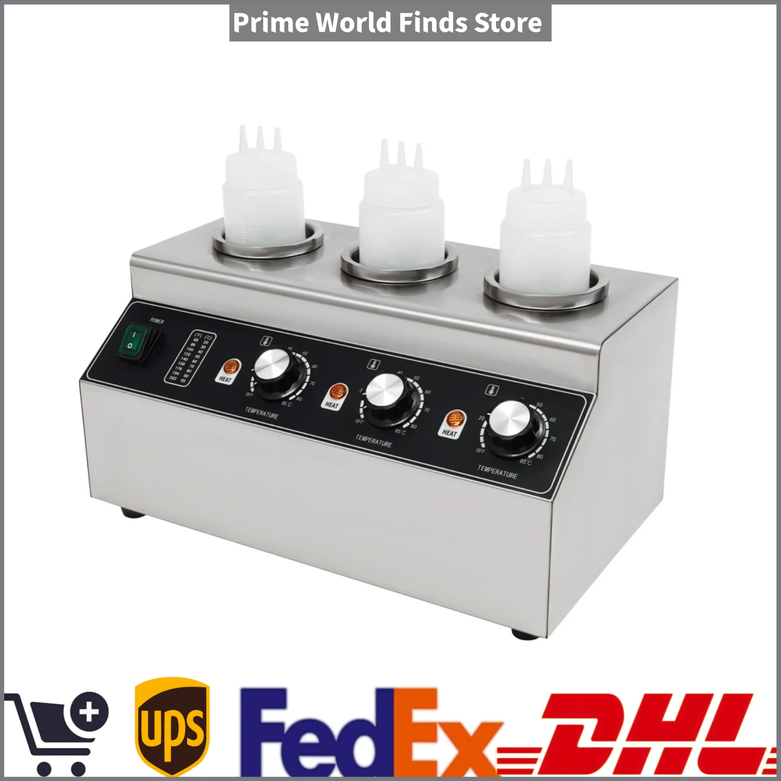Image of 300W Gewerblicher Saucenwärmer und -spender, Edelstahl 3-Flaschen Elektrischer Käsewärmer, Einstellbare Temperatur 30-85°C ℃ /86-185 ℉ Heißsauce-Erhitzungsgerät für Restaurant, Cafeteria und Hotel