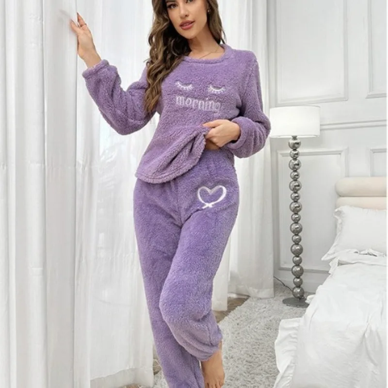 

European American Style Women's Lounge Set Taro Purple Flannel Pajamas Long Sleeves Pants Perfect Indoor Outdoor Wear XL Size