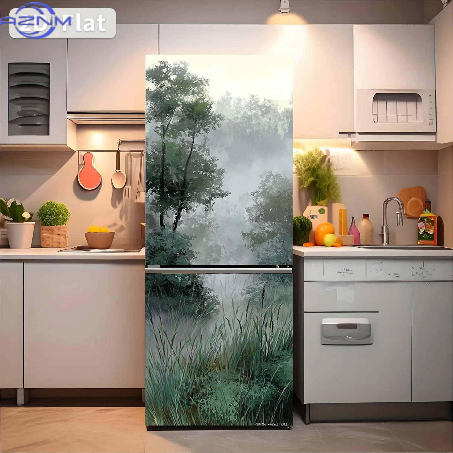 1pc of Refrigerator Sticker,, Featuring a Misty Forest Theme Design. Self-Adhesive Wall Decor Suitable for Cabinets And Wardro