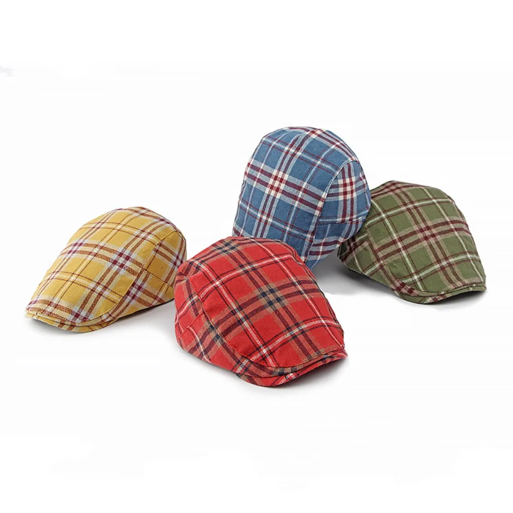 Simple Keep Warm Vintage English Hat Large Head Girth Korean Style Yellow Tartan Beret Comfortable Classic Painter Hat Winter