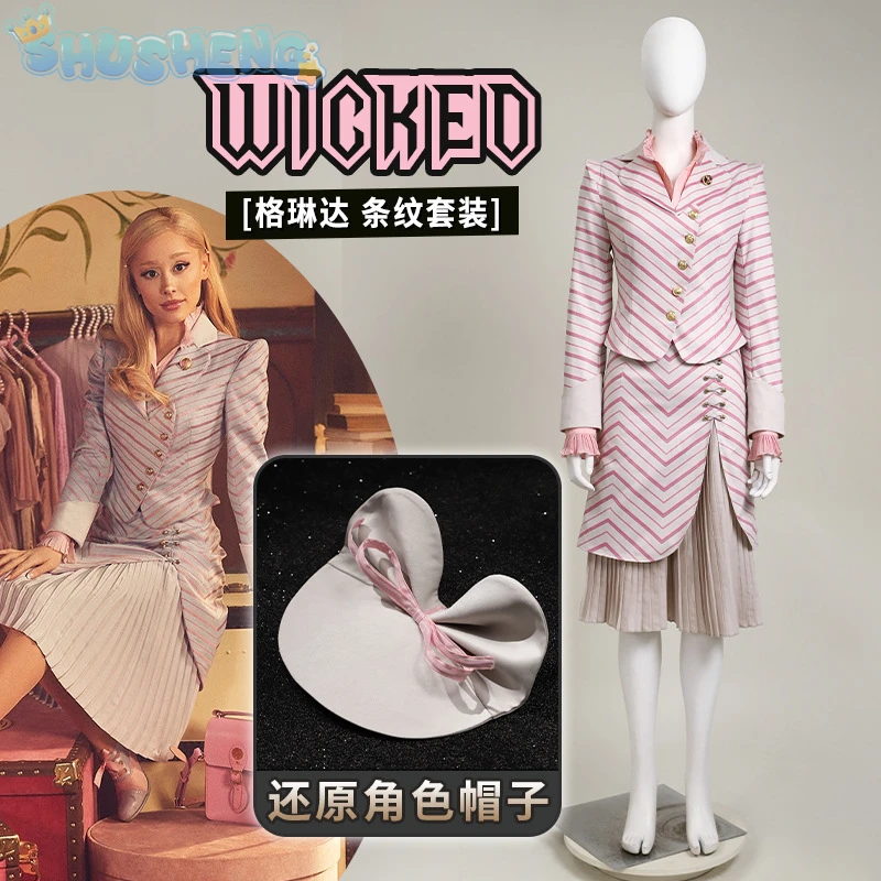 Wicked Glinda Cosplay Costume Pink checkered suit set Halloween party sweet professional dress accessories Glinda Woman uniform