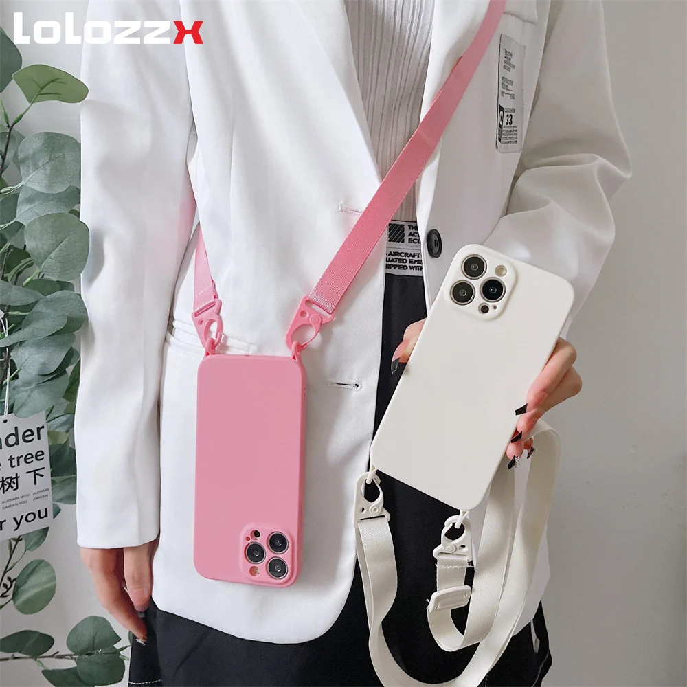 Crossbody Necklace Cord Lanyards Phone Case For iPhone 16 15 13 14 11 12 Pro Max XS 7 8 Plus SE Solid Color Soft Silicone Cover