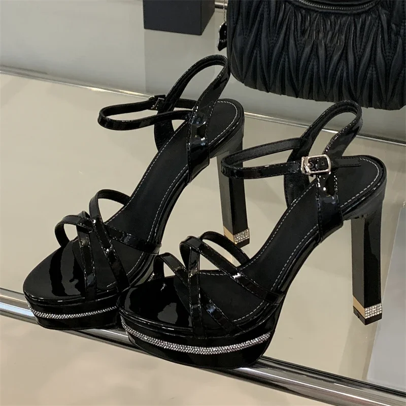 

Women's Open Toe Rhinestone Crisscross Strap Ankle Buckle Platform Block Heel Sandals, Glam Luxury Nightclub Party Footwear,Drop