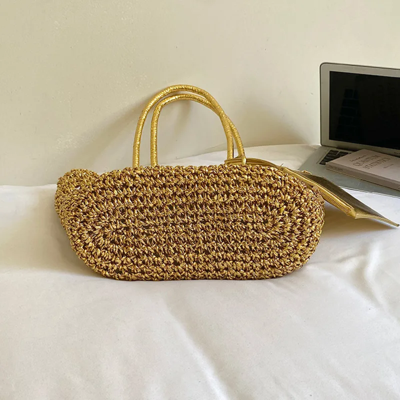 VM FASHION KISS Handmade weave Bohemian Crochet Straw Tote Bag Golden Carryall Large Capacity Summer Beach Bag