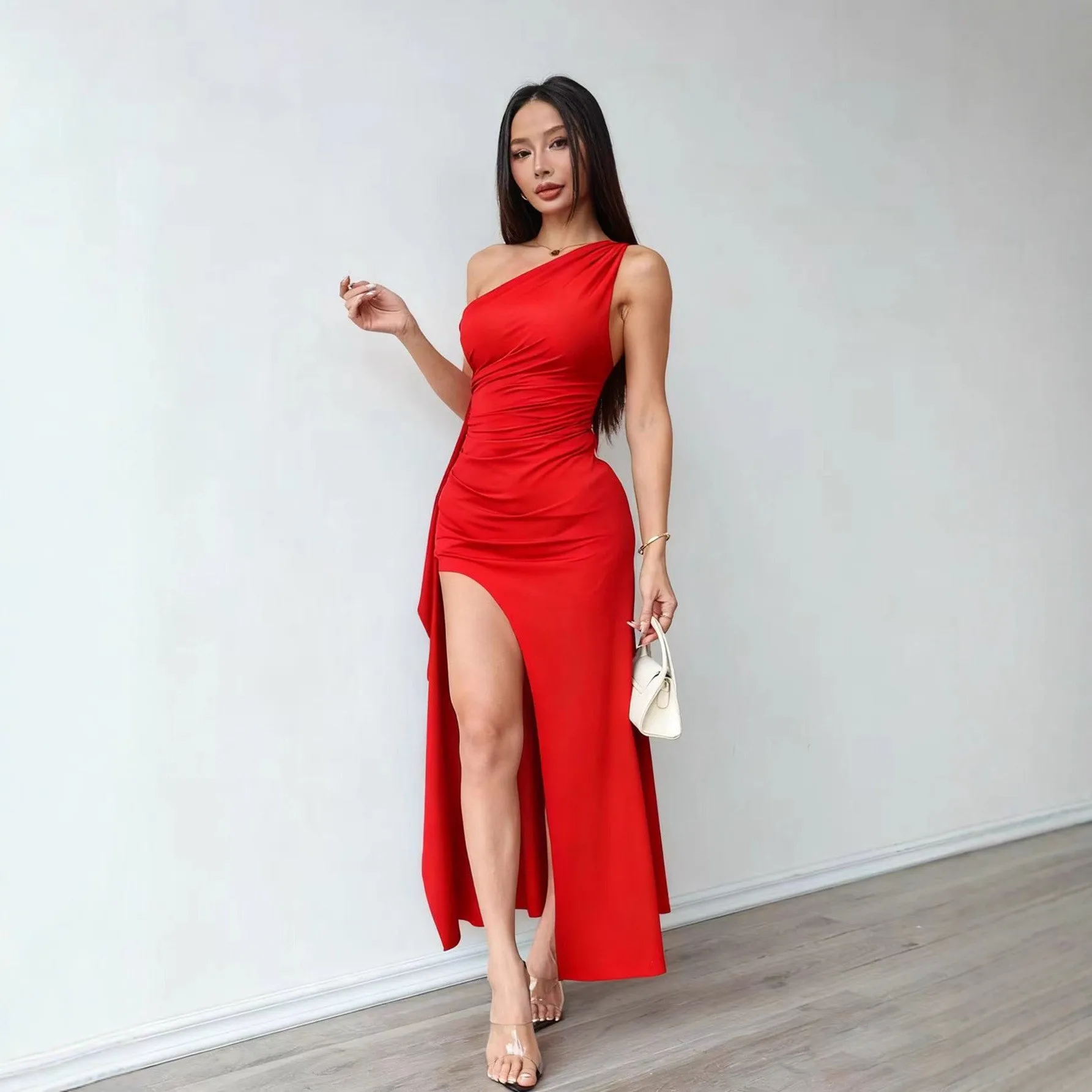 Slit V Neck Gown with Fitted Waist American European Style Minimalist Party Dress Patchwork Date Maxi Dress Daily for Women