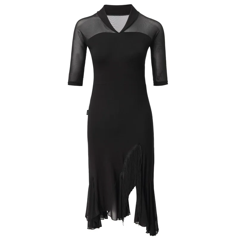 1pcs/lot modern style woman modal latin dance long dress lady half sleeve tassel v-neck cha cha dancing dress