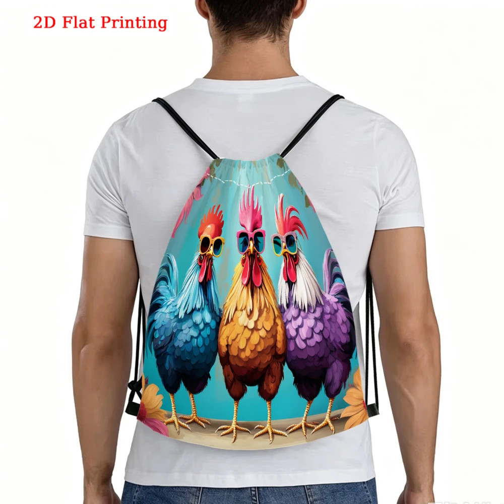 Cartoon Style, Drawstring Backpack, 2D Flat Printing Colorful Rooster Pattern, Fitness Sports Bag, Outdoor Travel Drawstring Bag