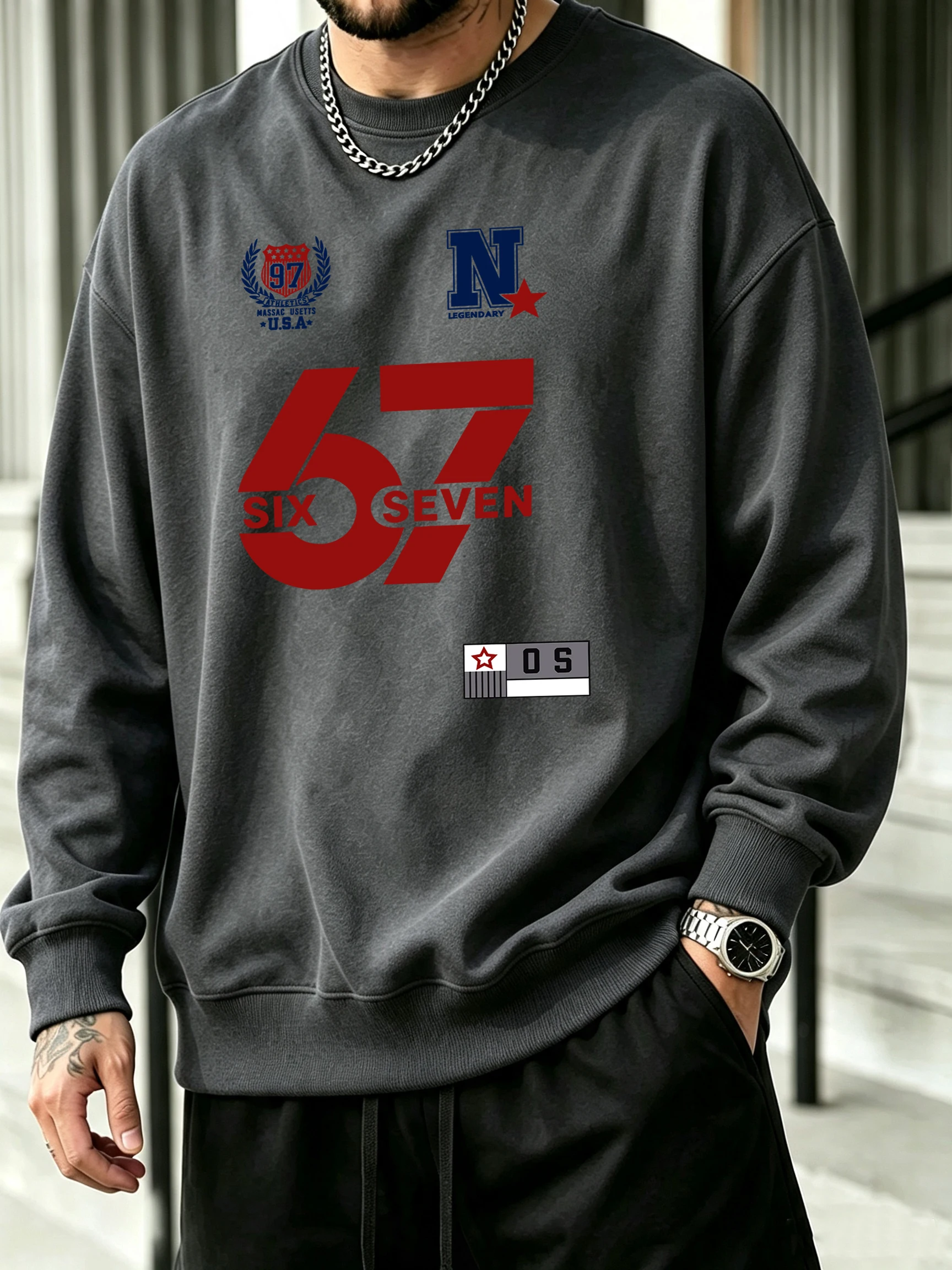 Nationalwappen und die Zahl 67 bedruckte Herren-Herbst-O-Neck-Oberteile ohne Kapuze, Sportmode-Sweatshirts, Fleece-Allround-Kleidung