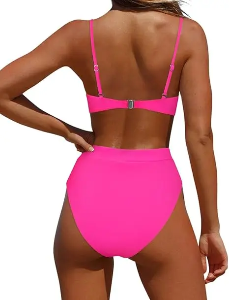 ارتفاع واسط مجموعة البكيني النساء حزام الكتف المايوه الصلبة ملابس السباحة مثير رفع 2 قطعة بيكيني مجموعات الإناث