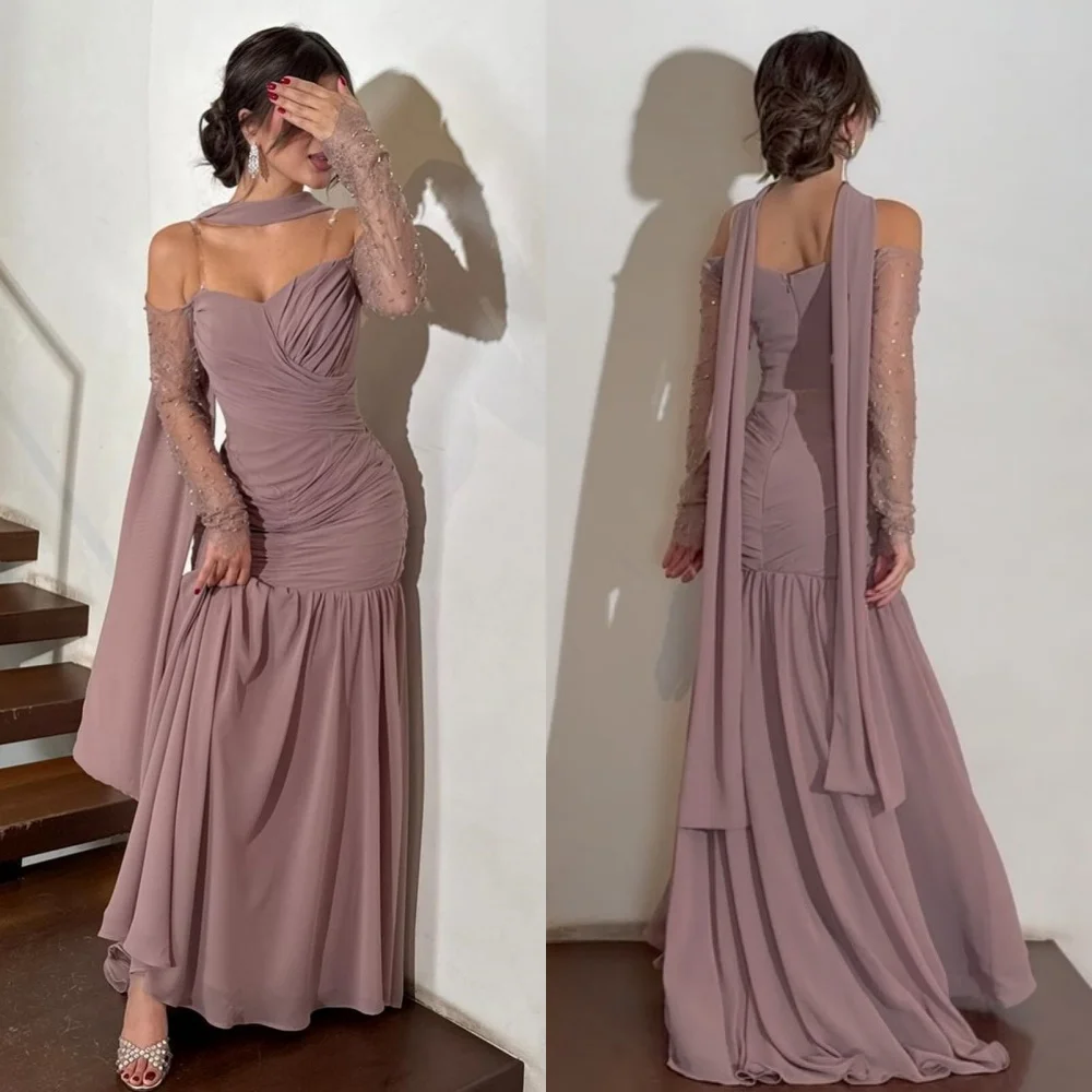 

Customized Matching Sexy Chiffon Pleat Draped Beading Sequined A-line Off-the-shoulder Midi Dresses Bespoke Occasion Dresses