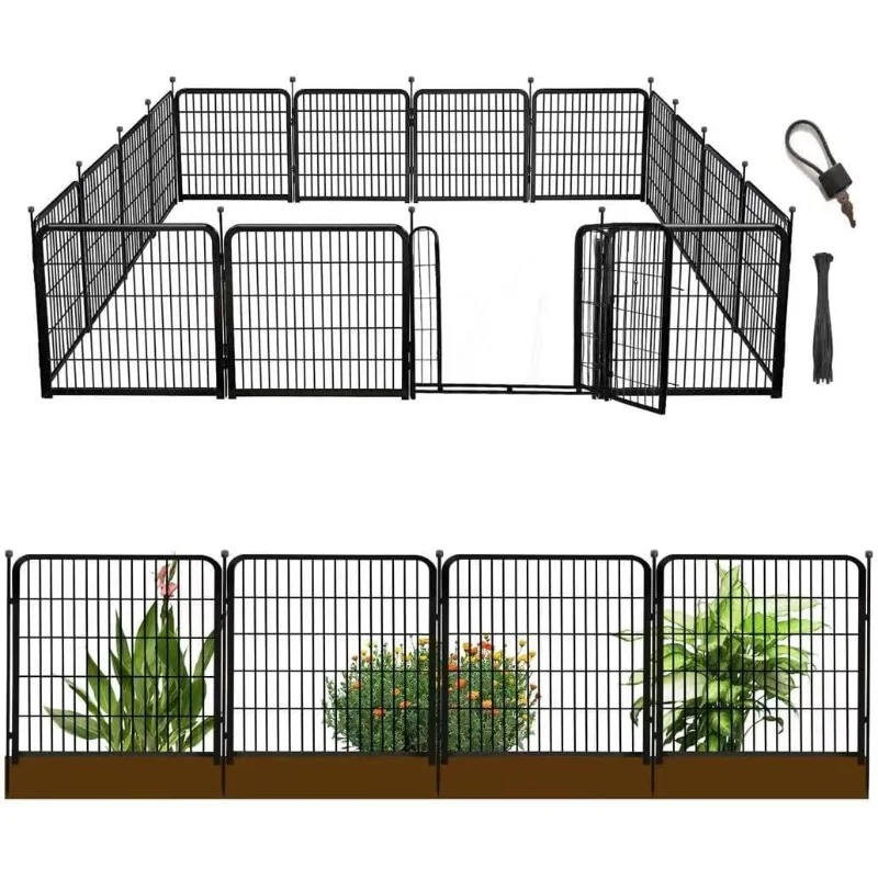 Garden Fence with Gate 32 in(H)×26.6 Ft(L) 12 Panels, Heavy Duty Iron Animal Barrier Fence for Yard, Suitable for Indoor Pet Fen