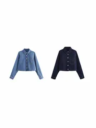 TRAF2024 European and American style spring new fashion short lapel denim jacket jacket casual tops for women