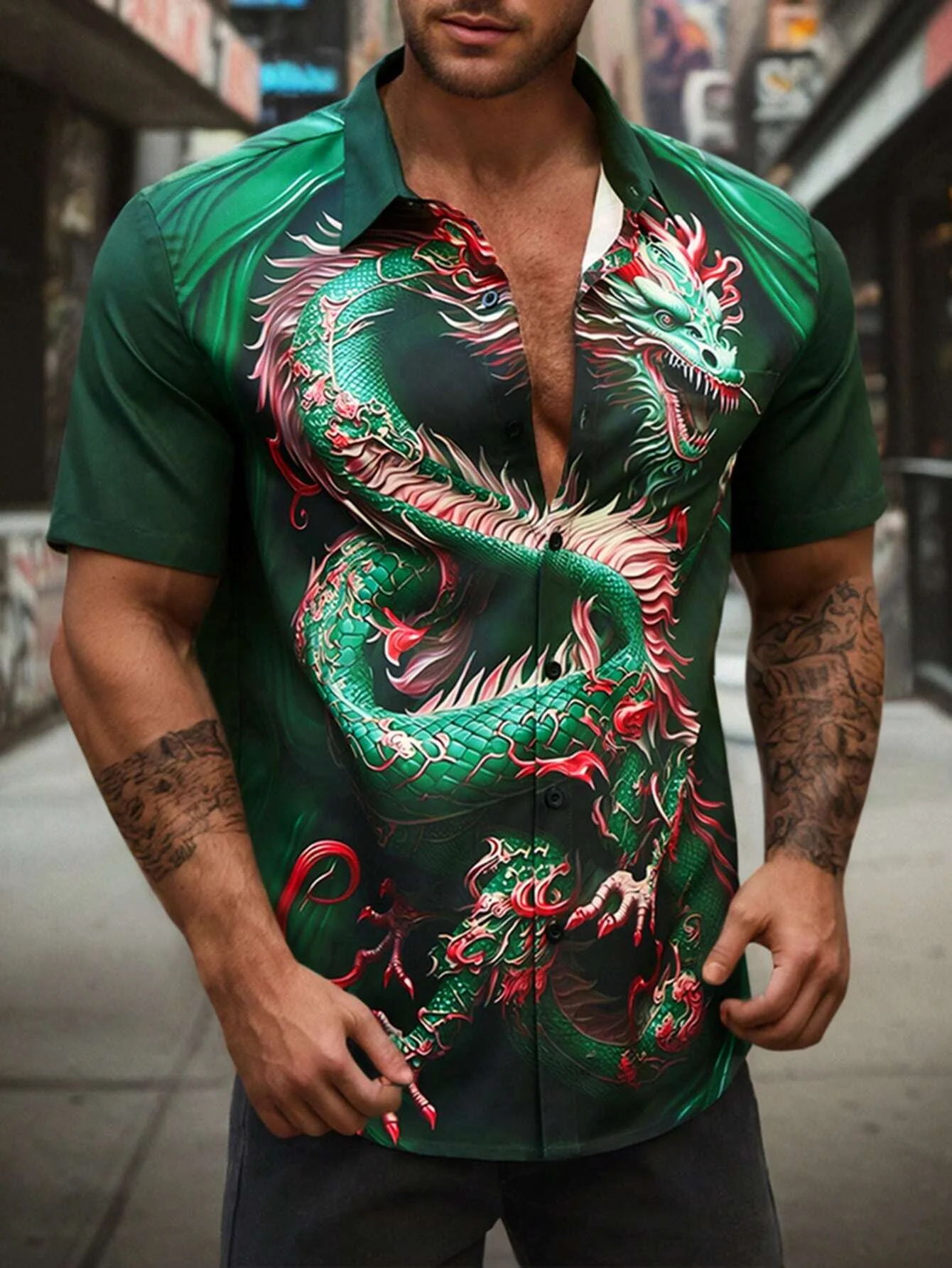 

2024 Men'S Chinese Dragon Pattern Short Sleeve Shirt Retro Graphic Men's Shirt Turndown Short Sleeve 4-Way Stretch Fabric Shirt