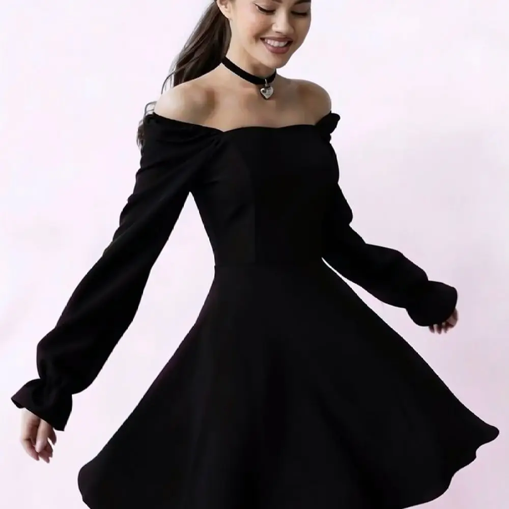 Casual Elegant Women Dress Square Neck Puff Sleeve High Waist Slim Fit Solid Color Midi Gown Fashion Wedding Evening Wear