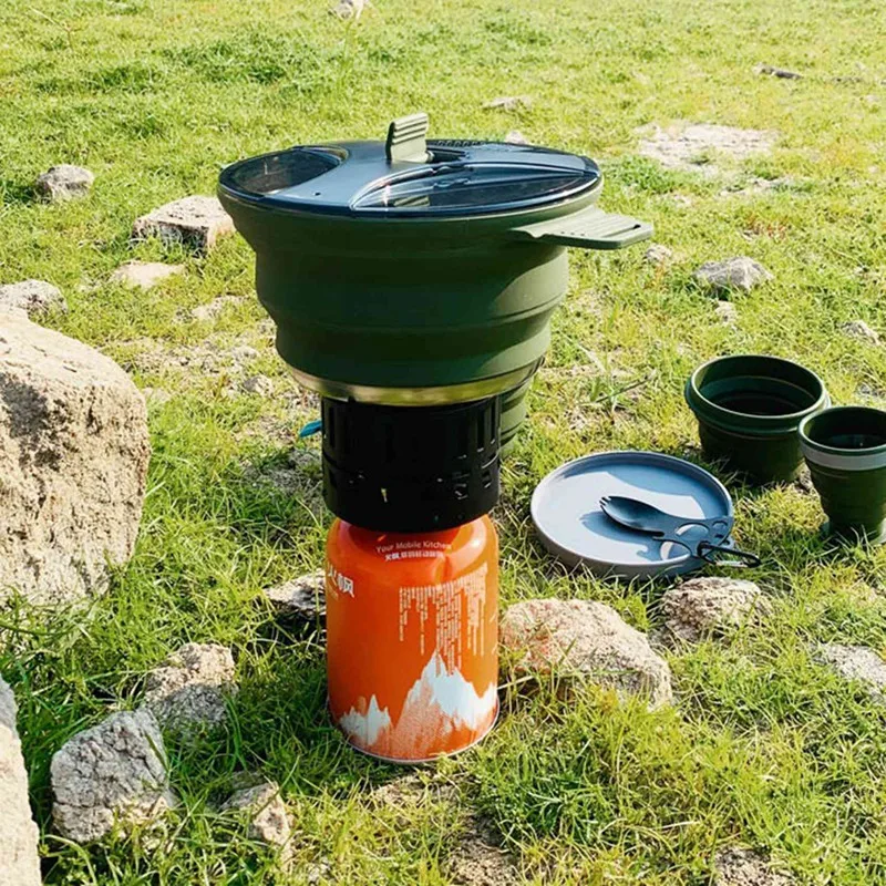 Outdoor Folding Pot Silicone Hiking Cooking Pot Portable Picnic Pot Stainless Steel Camping Cooker