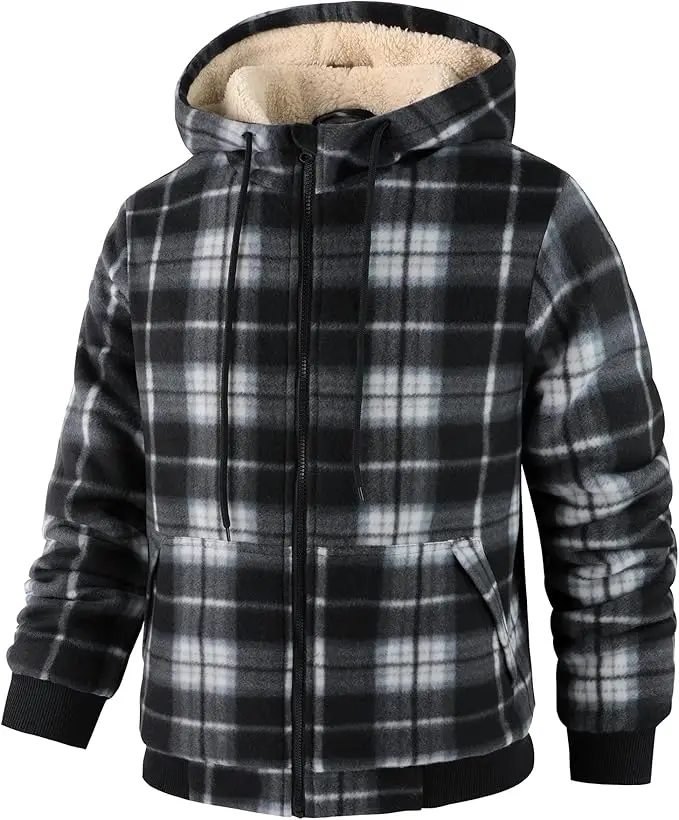 

Men's Autumn Winter Plaid Fleece Jacket, Thickened Windproof Hooded Zip-Up Coat with Pockets, Casual Elegant Sweater