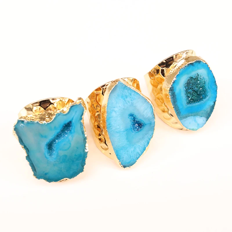 OUENGE Natural Stone Rings OG015 Irregular Geode Genuine Stone Hole Open Purple Crystal Ring for Women Adjustable 1pcs Random