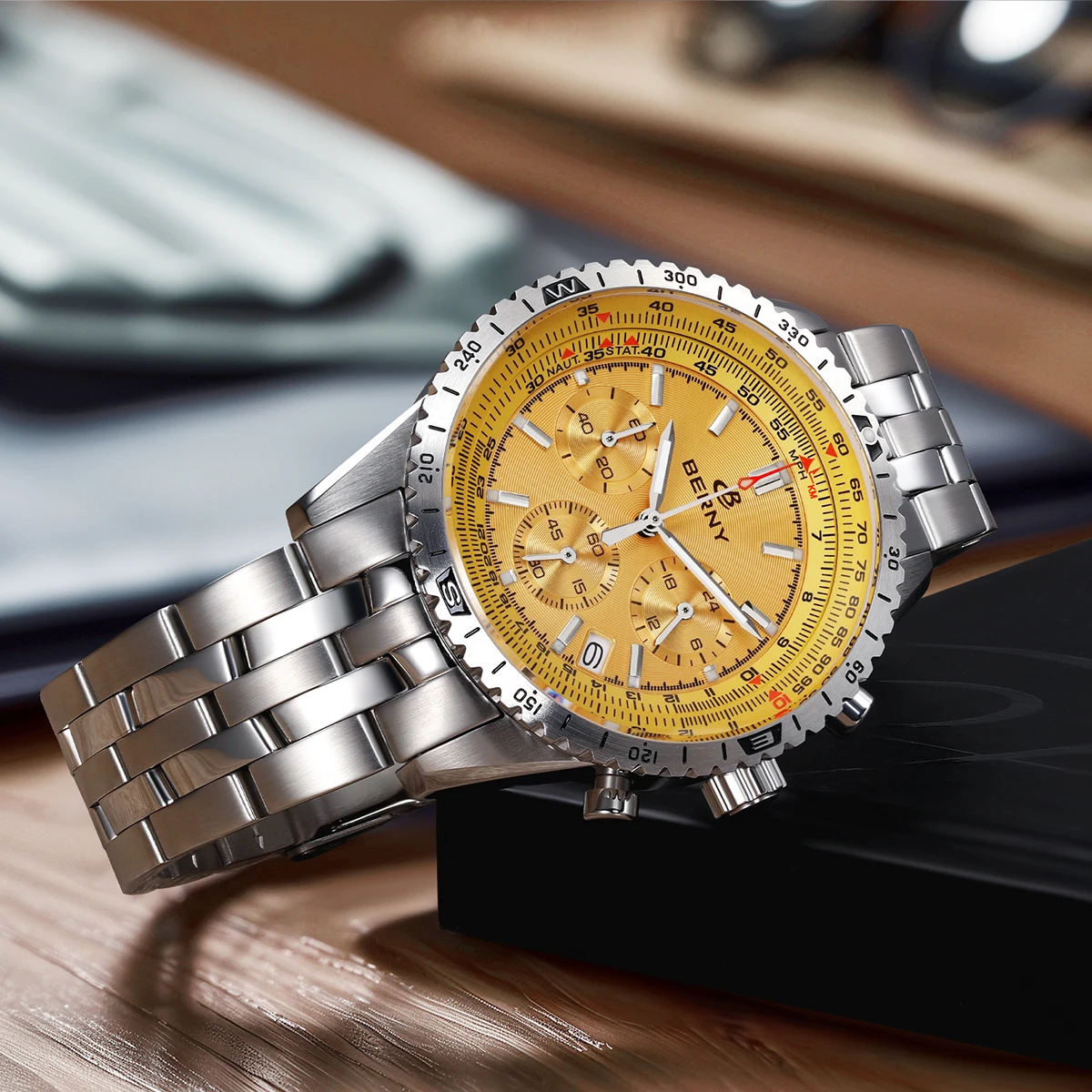 BERNY Chronograph-Uhren für Herren, Luftfahrt-Multifunktions-Quarz-Herrenuhr, Datum, Saphirglas, superleuchtende Luxus-Armbanduhr – Detail 13