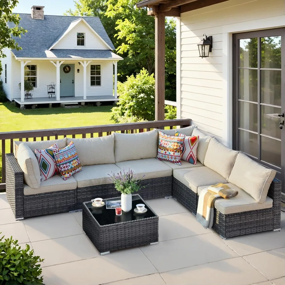 

Набор плетеной мебели для патио из 7 предметов с секционным диваном, устойчивые к атмосферным воздействиям уличные сиденья со стеклянным журнальным столиком для сада