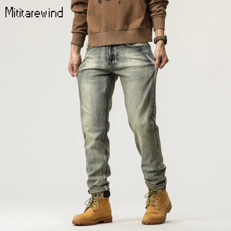 

New Autumn Retro Yellow Jeans for Men High Street Casual Denim Pants Cotton Stretch Full Length Slim Jeans Youth Y2k Streetwear