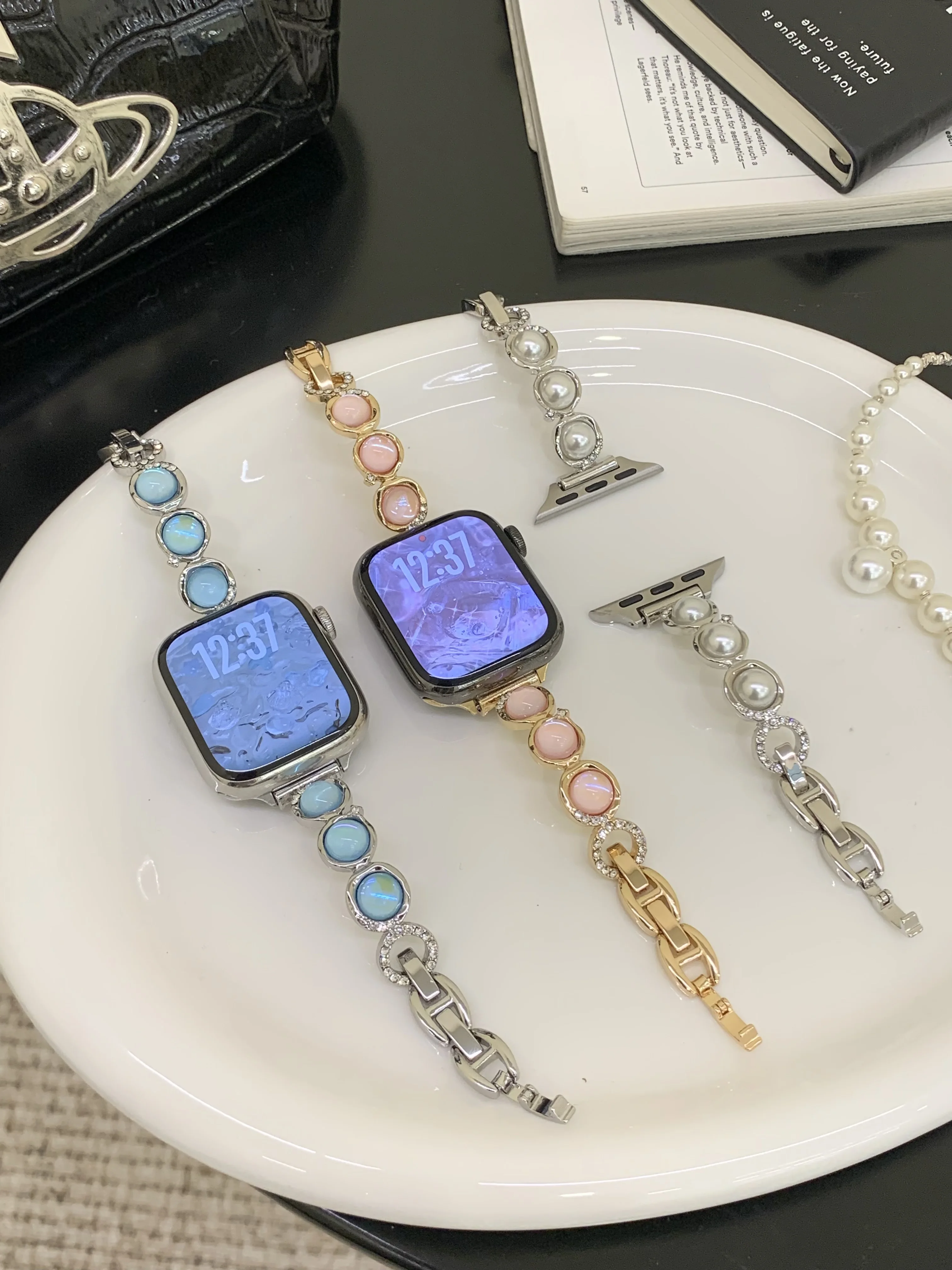 パールダイヤモンドリングメタルバックルバンド-apple-watch-49-46-45-44-42-41-40-38mm用ブレスレット-iwatch-10-9-3-6-5-se-7-8ストラップ対応