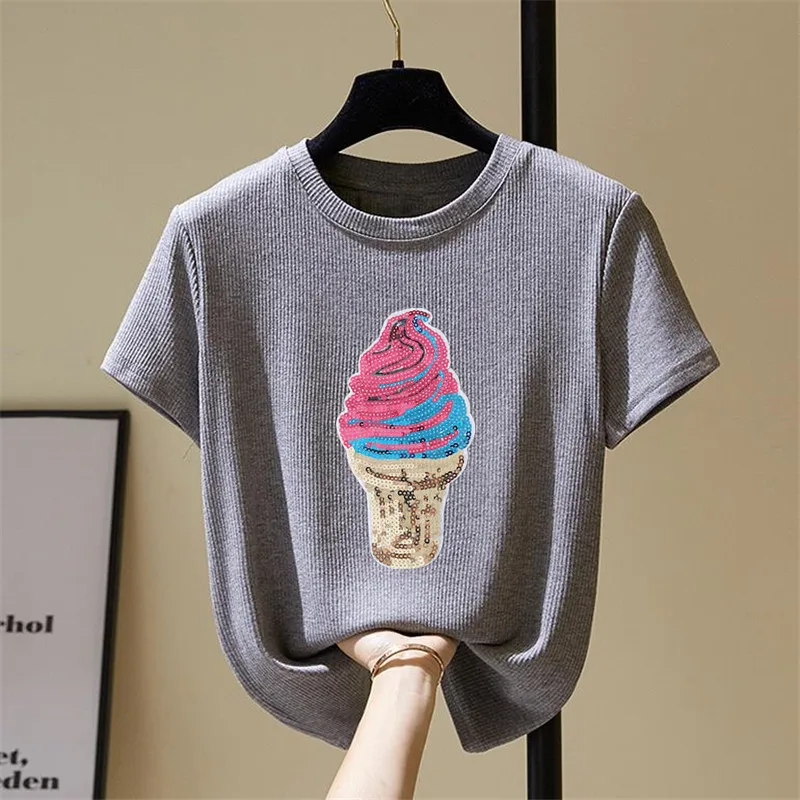 Clothing Women Shirt Top Diy Ice Cream Patch Sequins deal with it T-shirt Iron on Patches for clothes Stickers