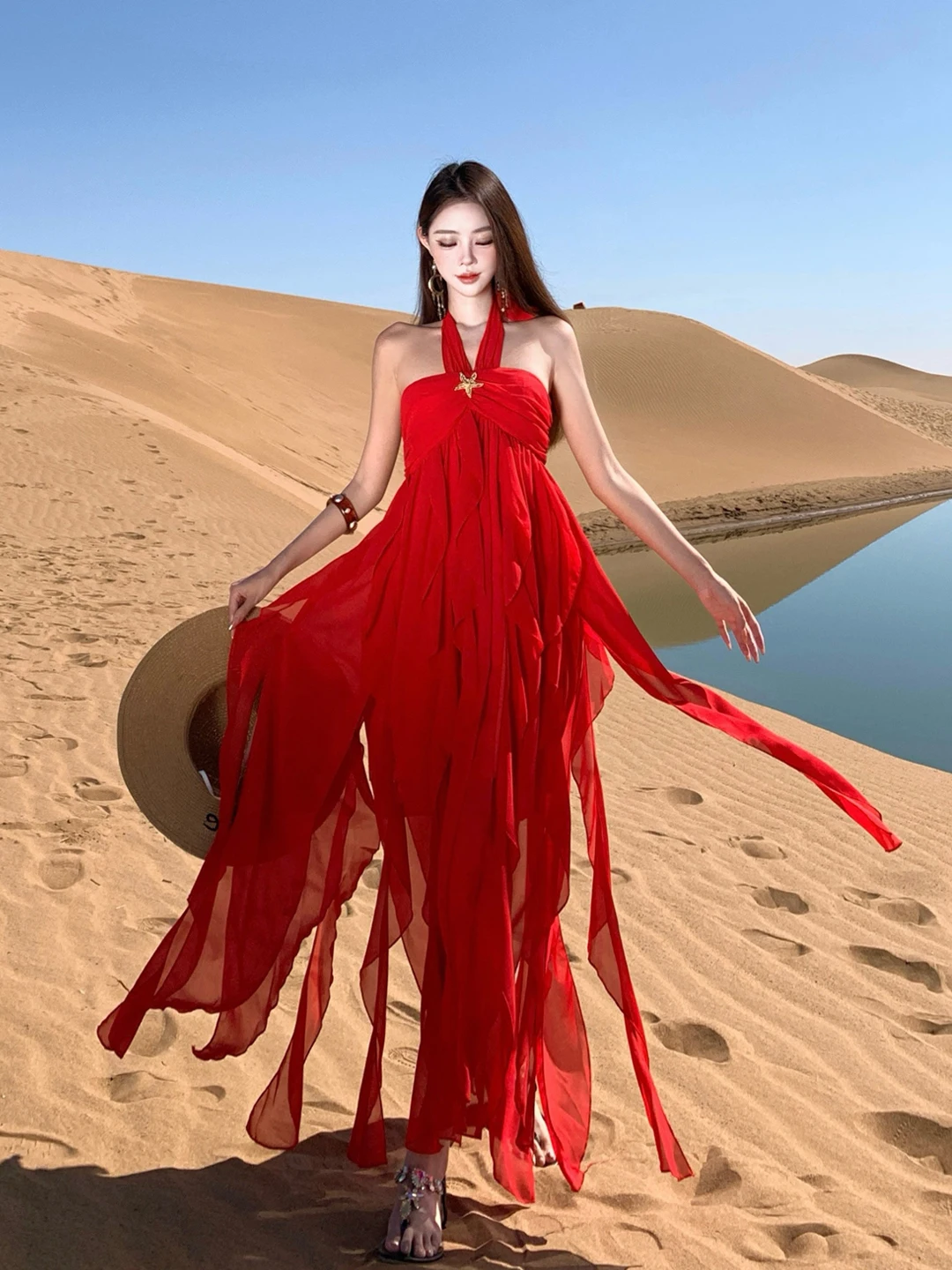 

Красное асимметричное шифоновое платье с завязками на шее, сексуальное, для пляжного отдыха, с завышенной талией, низкой эластичностью, для летнего сезона