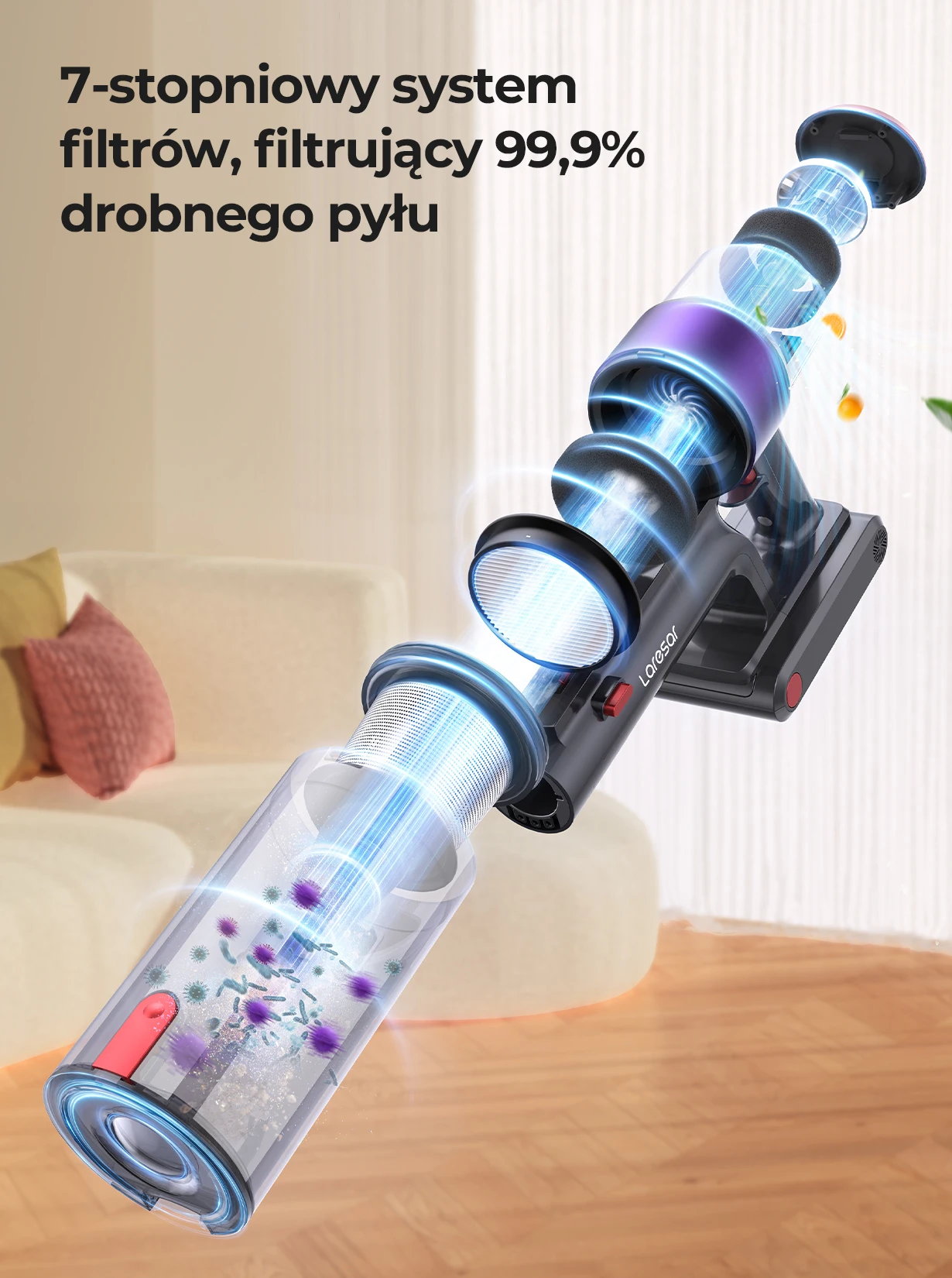 Laresar V8 500W 48kpa domestic wireless cordless vacuum cleaner 1.5L removable battery dust cup