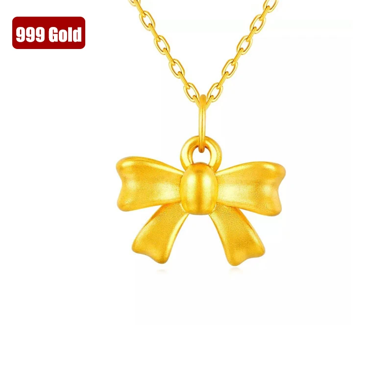 

999 Pure Gold Pendant Necklace Real 24K Gold Bowknot Pendant for Women Fine Jewelry Wedding Gift