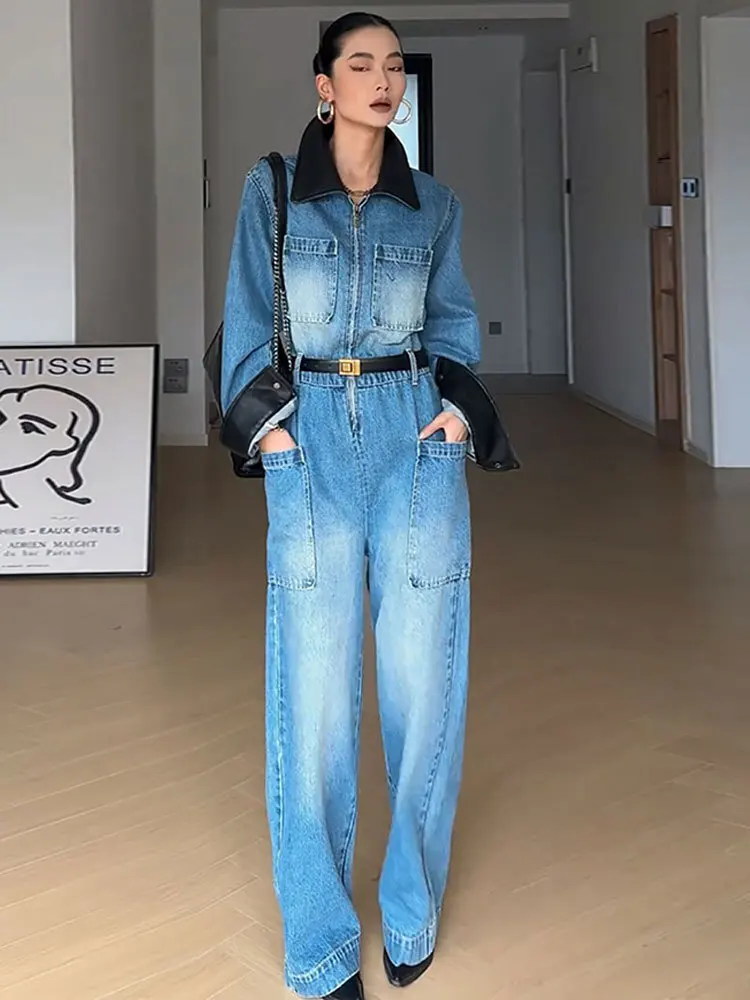 Retro Denim Jumpsuit Women Spring New Fashion Overalls High-end Slim Waist Stylish Rompers Women Cargo Pants Female Clothing