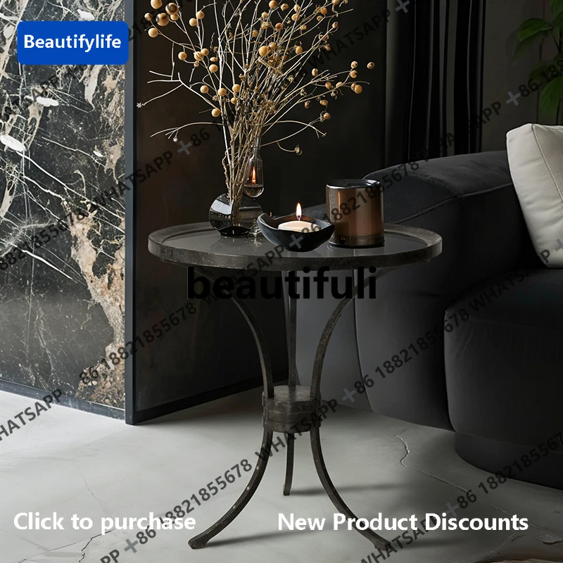

D183 Classical light luxury coffee table black retro metal tripod glass round coffee table