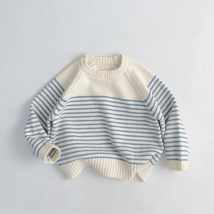 

Детский полосатый свитер в корейском стиле, модный вязаный пуловер с круглым вырезом и длинными рукавами для мальчиков и девочек, мягкие свободные вязаные топы, детский свитер