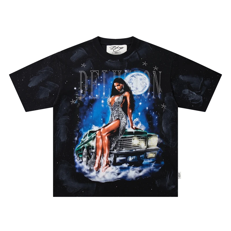 Vintage Schwarzes Graffiti Washed T-Shirt für Herren, Western Glamour Lady Grafik-Top, Oversized Y2K Rap Street T-Shirt, Distressed Kleidung 2026 – Detail 5