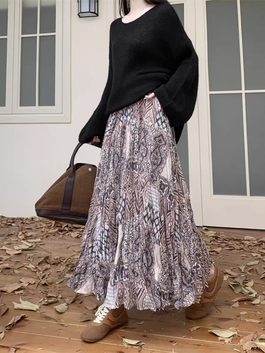 Plisowana spódnica midi z szyfonu w stylu vintage z kwiatowym nadrukiem - wysoka talia, podkreślająca figurę spódnica maxi w kształcie litery A z efektem zwiewności, nowość na jesień.