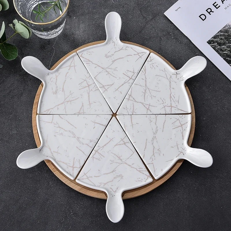 

Ceramics Pizza Platter with Rotatable Wooden Pallet Creativity Cake Pan Pizza Pan Tray Modern Style Home Kitchen Tableware