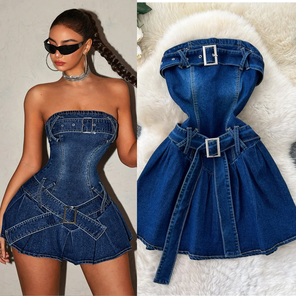 

Short Dress Women Denim Dresses Sexy Vestidos Y2k Streetwear Strapless Sleeveless Backless Hip Wrap Elegant Party Night 2026